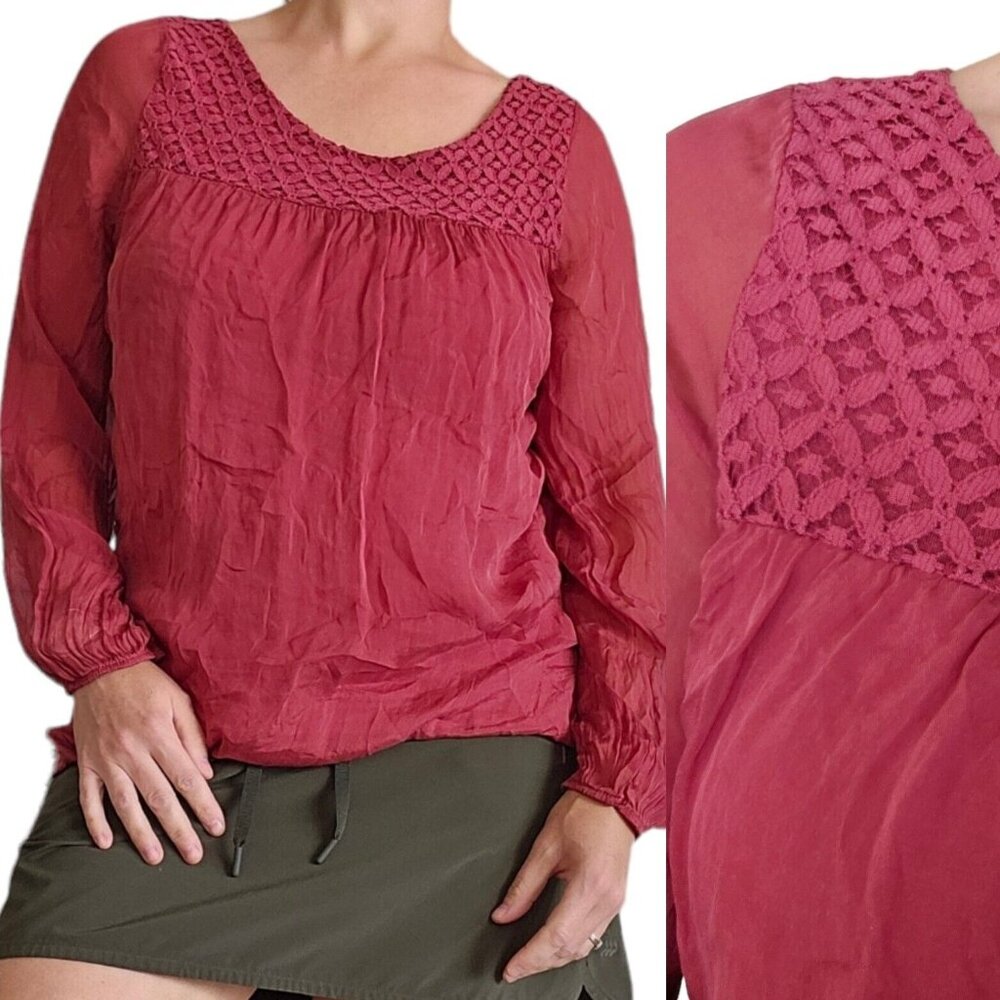 Womens Red Blouse Longsleeve Italian Silk Small Medium Sheer Sleeves Crochet